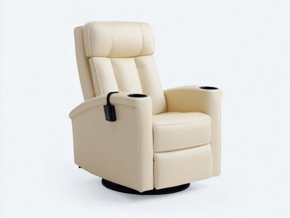 Sillones reclinables cuero sintético 88x92x110 cm - Crema-Negro - Diseño acolchado con portavasos