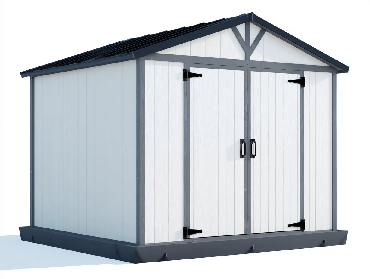 Caseta de jardín de madera 260x190x215 cm - blanco y gris oscuro - diseño clásico con 2 puertas