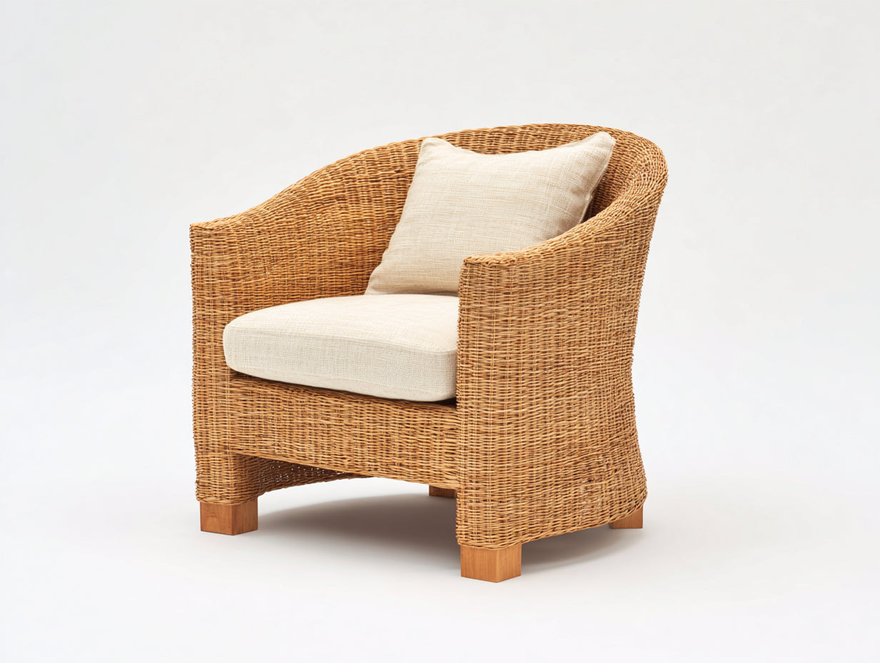Sillón de ratán 86x80x82 cm - natural y beige - diseño curvo con asiento acolchado