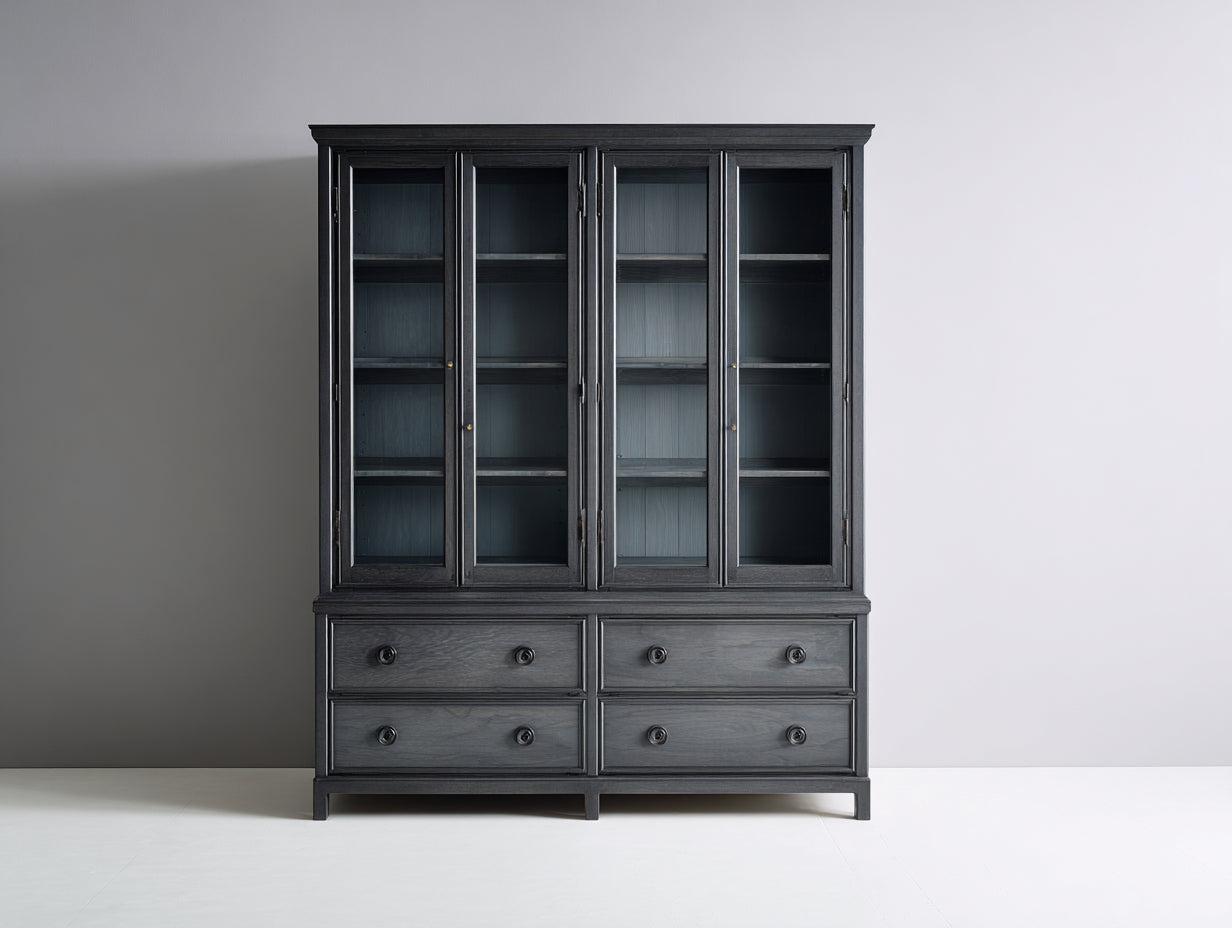 Vitrina de madera con cristal 150x45x210 cm - negro - con puertas y cajones